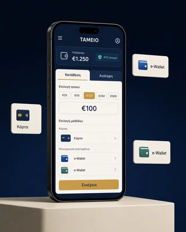 Μobile mockup ταμείου με κατάθεση, ανάληψη, ποσό σε ευρώ και κατάσταση KYC