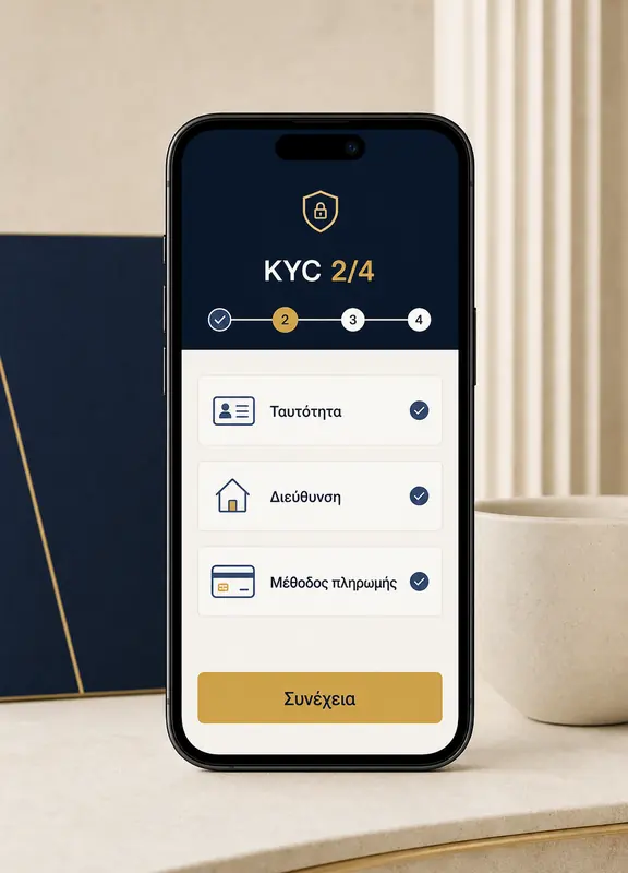 Μobile mockup διαδικασίας KYC με ταυτότητα, διεύθυνση και μέθοδο πληρωμής
